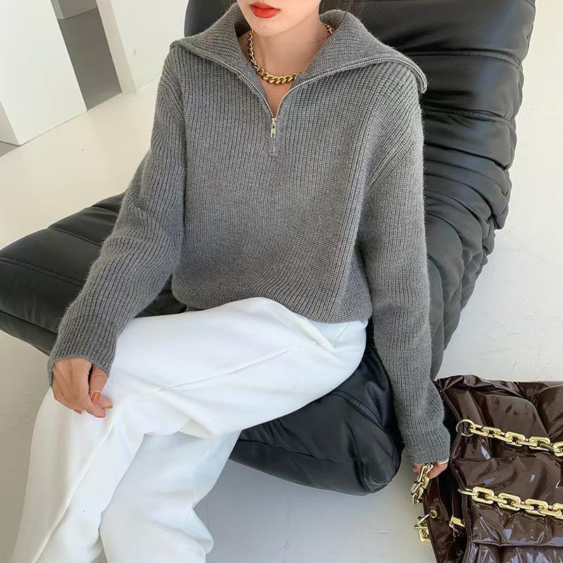 Autumn Loose Solid Color Half-Zip Knit Sweater with Turn-Down Collar for Women