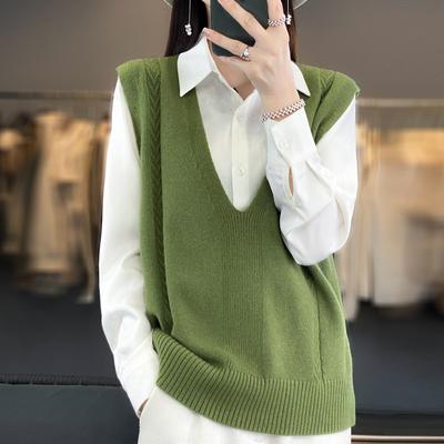Autumn Women's Knitted Waistcoat Shoulder Deep V-Neck Pullover Jacquard Loose Sweater