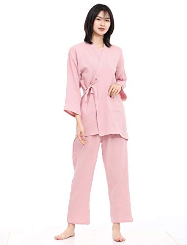 SISOFTLY Women's Washable Summer Kimono Set, Yukata and Jinbei, Double-Layered Shijira Weave with Gauze, Solid Color, Open-Front, and Pajama Set (L, P