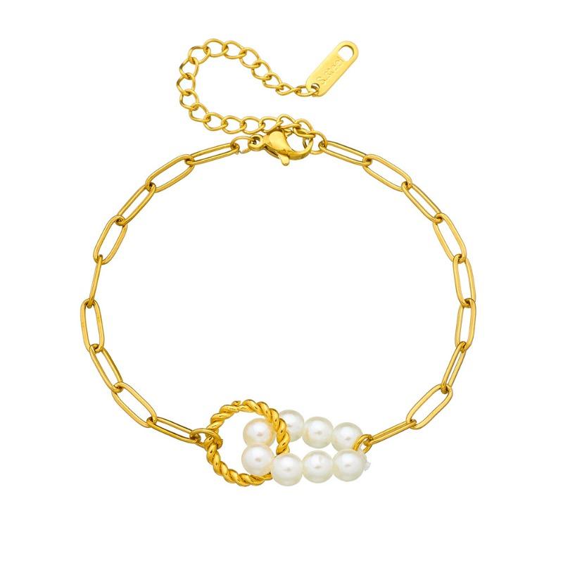 Gold Tone Paperclip Chain Bracelet with Pearl Flower Charm