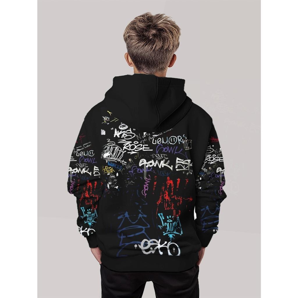 3D digital printing street graffiti style letter pattern hooded sweatshirt fashion trend casual children's clothing