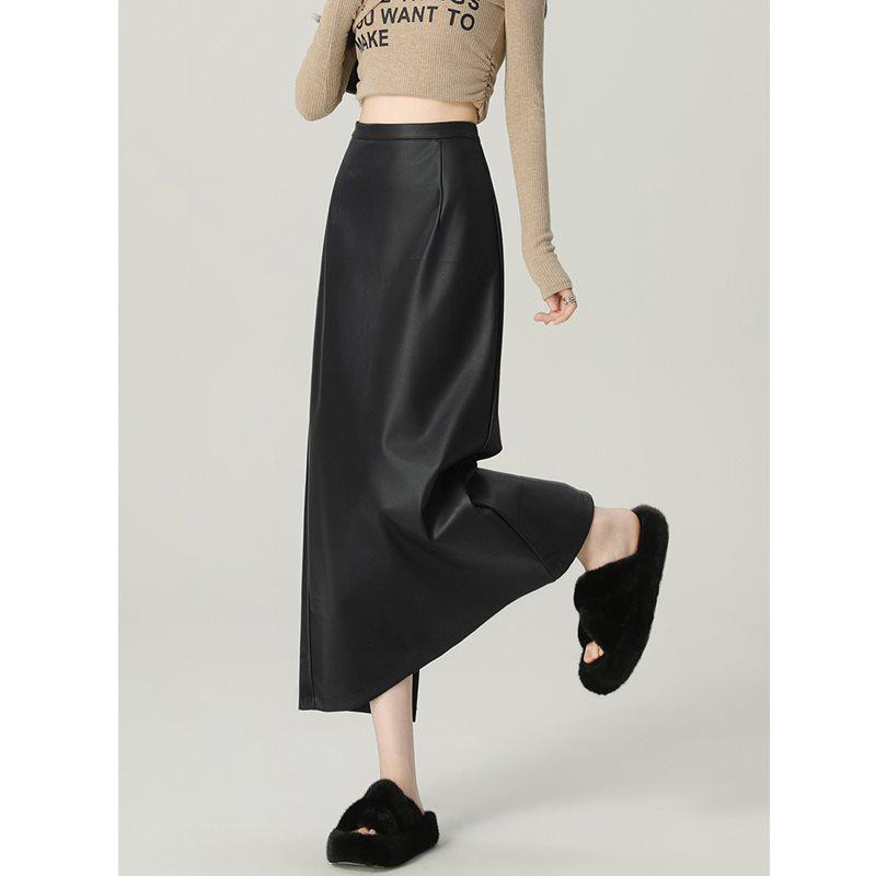 Schwarzer Damen Midirock mit hoher Taille aus PU-Leder - Figurbetonend A-Linie Bodycon mit Schlitz