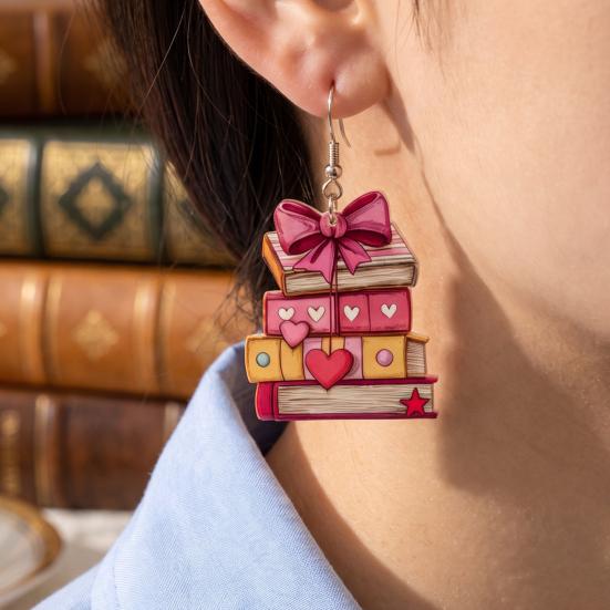Acrylic Dangle Earrings 1 Pair Book for Women, Vintage Stacking with Pink Worm Gift Ideas Bow And Heart, Funny Jewelry, Back to School Gifts Teachers