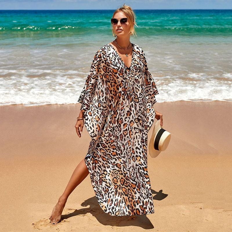 Women's Plus Size Animal Print V-Neck Batwing Kaftan Beach Dress Bathing Suit Cover-Up Loungewear