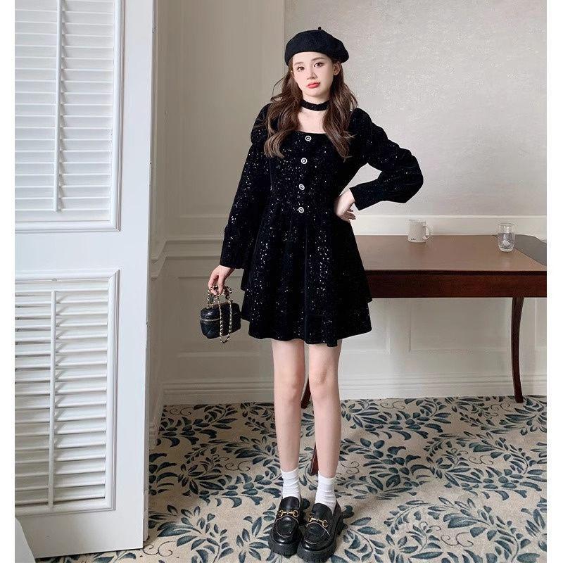French Black Velvet Hepburn Style Slim Dress for Women - Spring/Autumn