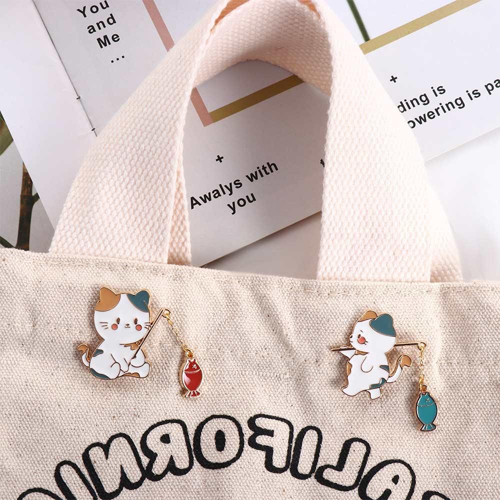 For Women Men Friend Gift Collar Decoration Enamel Brooch Cat Fishing Brooch Badge Pin Cat Brooch