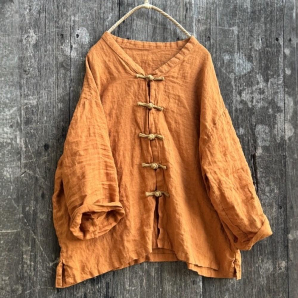 Johnature Women Vintage Shirts Solid Color Stand Long Sleeve Blouses Autumn Button Loose Chinese Style Top