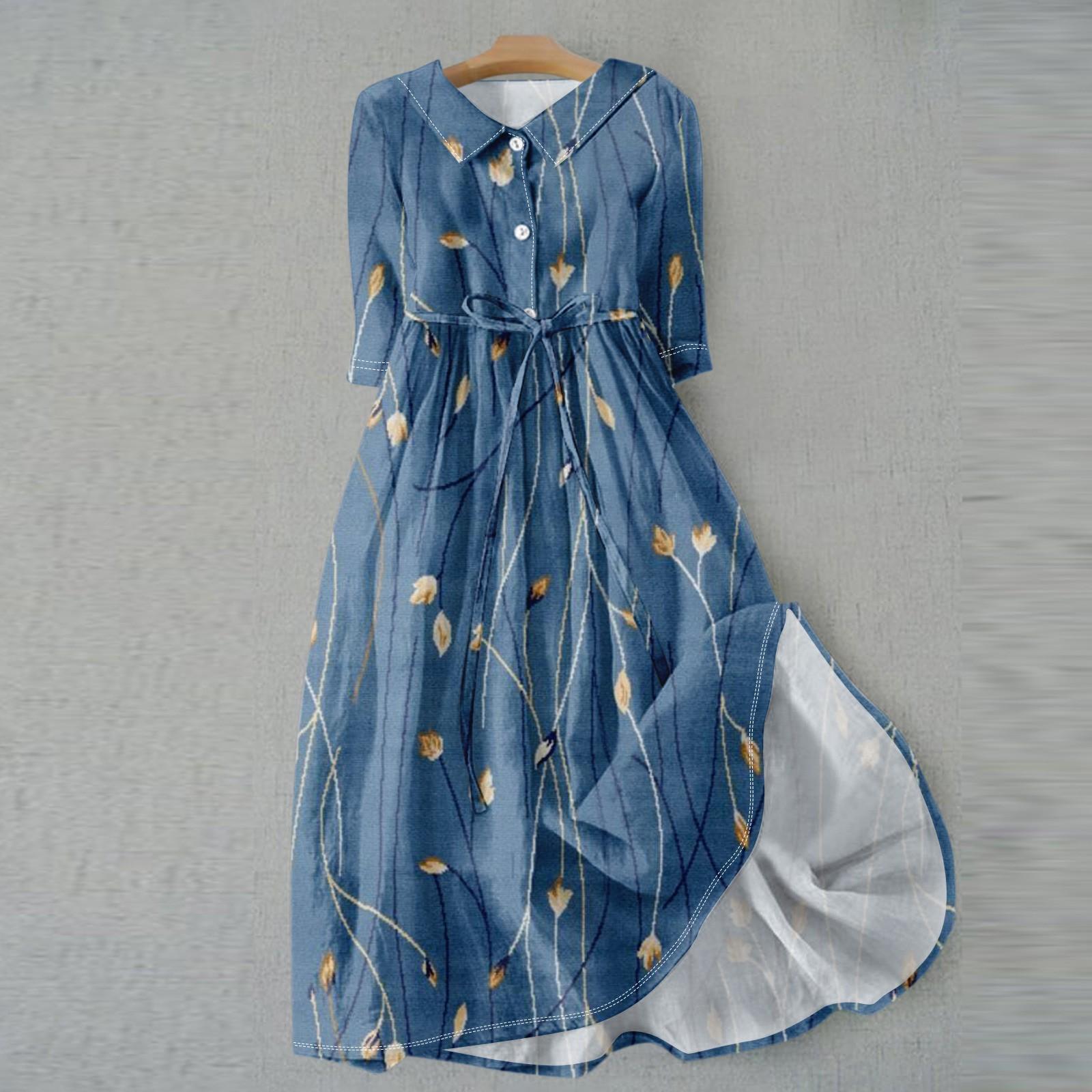 

Женское модное винтажное платье с цветочным принтом и пуговицами с лацканами и рукавами три четверти на бретельках XL синий