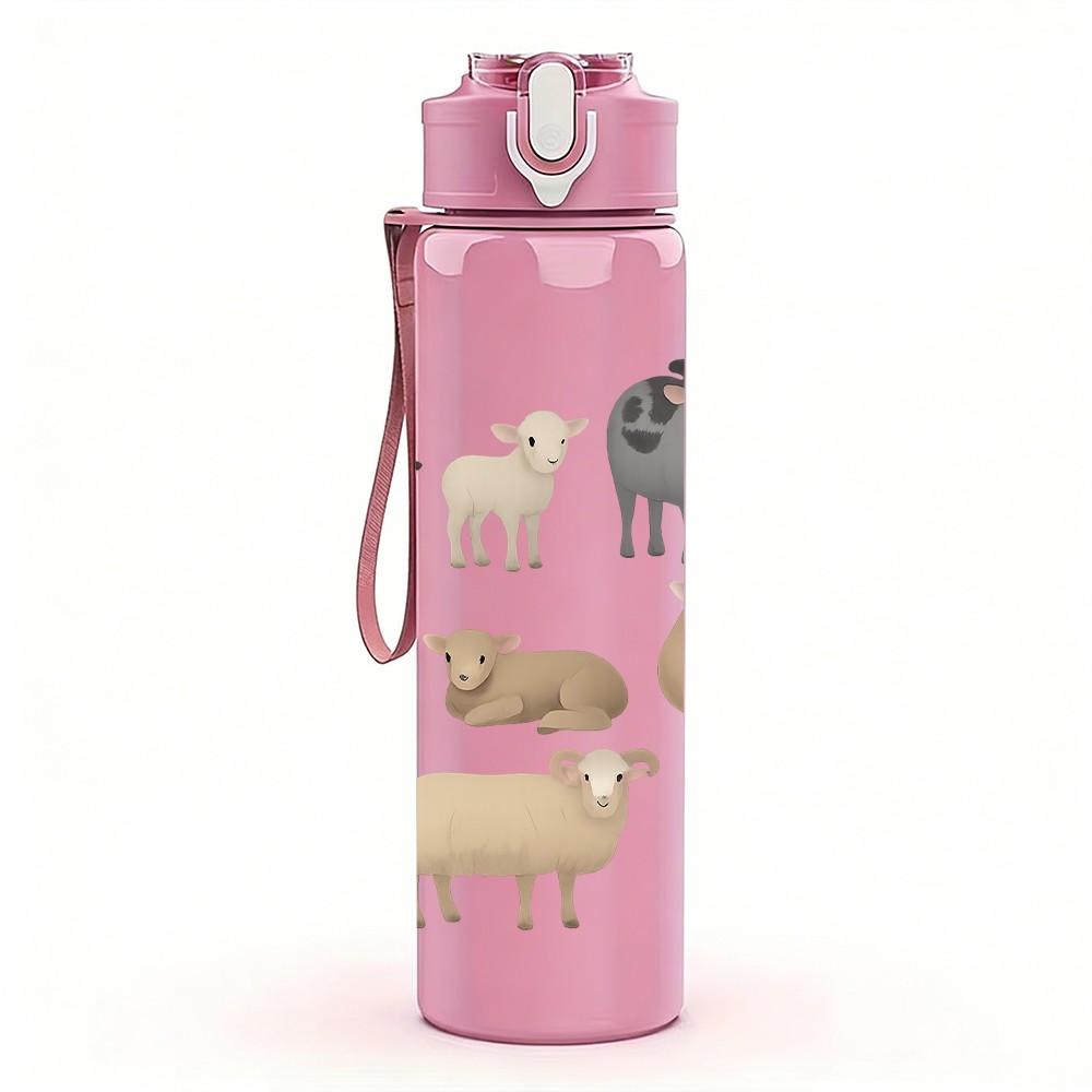 1PC Flock Farm Sheep Pattern 750ml Color Plastic Sports Water Bottle Leakproof Flip Straw Lid Suitable for Sports Office Home Use