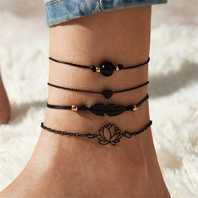 Fashion Black Multi-layer Anklet Heart Leaf Lotus Anklet Beaded Chain Summer Beach Foot Accessories For Women Jewelry Gift