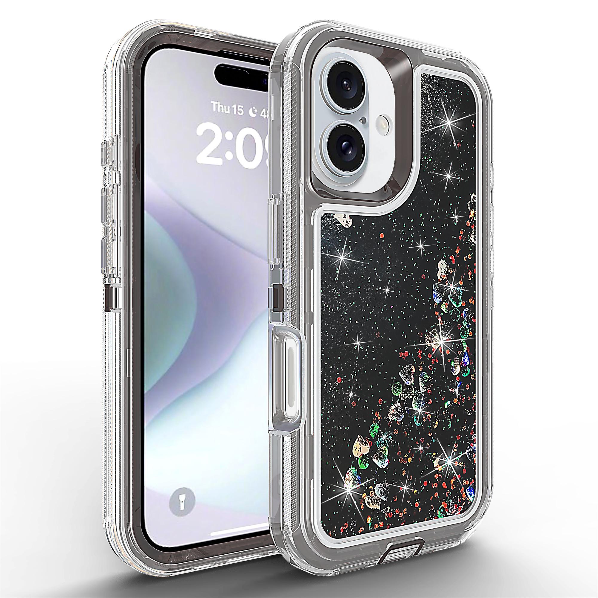 

For iPhone 16 Case Shockproof Detachable 2 In 1 TPU+PC Quicksand Phone Cover Black