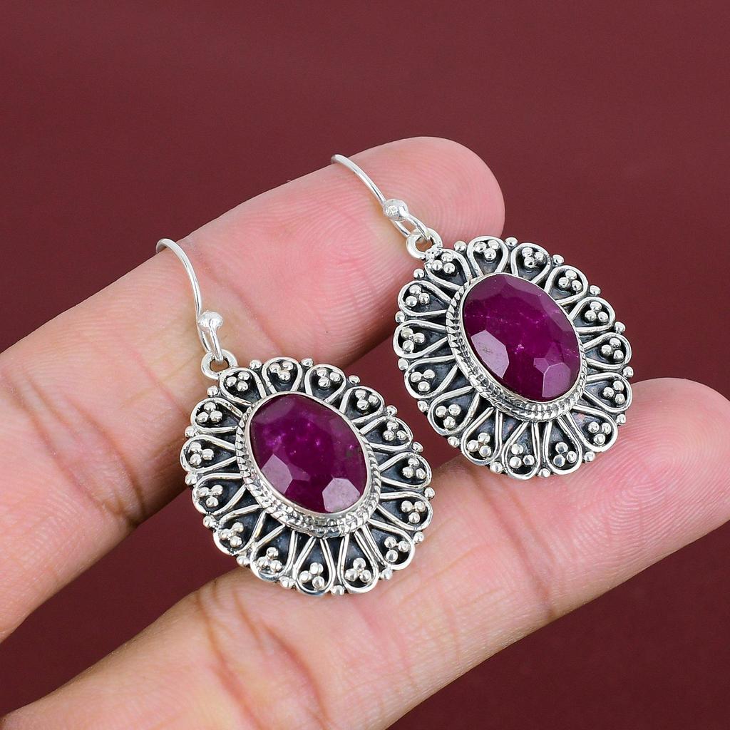 Faceted Kashmir Ruby Earring Vintage Gemstone Earrings Handmade Jewelry 925 Sterling Silver Earring Latest Design Earring Gifts For Friend