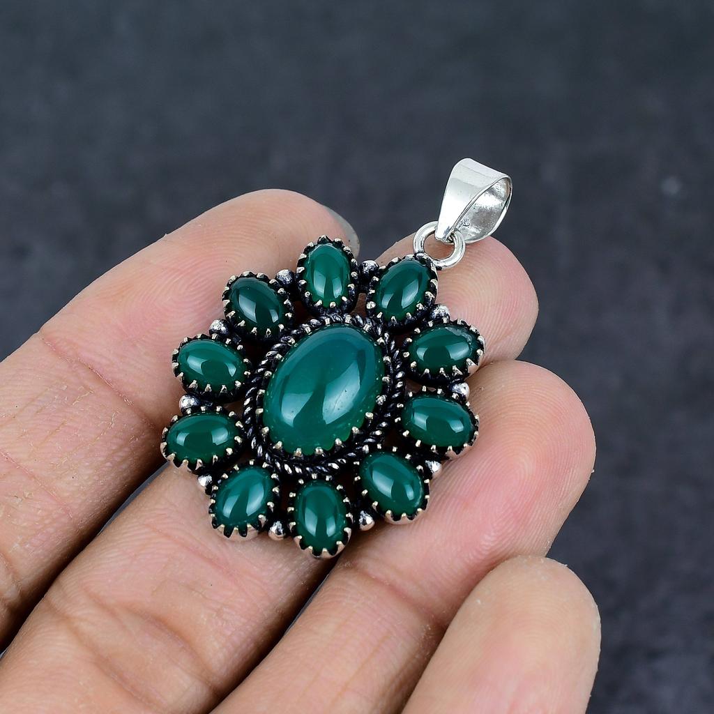 Natural Green Onyx Gemstone 925 Sterling Silver Jewelry Pendant 2.44" P6G04