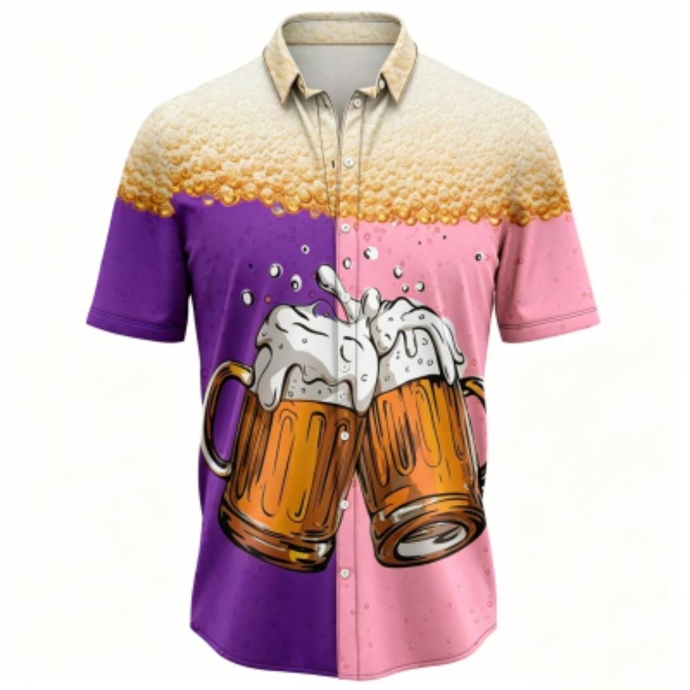 Herren Sommer Color Blocking Bierdruck Hemd Hawaiianischer Strandurlaub Kleidung Männliche Mode Street Style Hemd Tägliches Herren- und Damenhemd