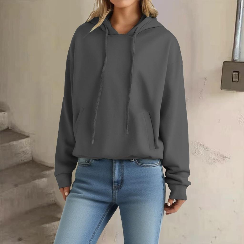 Women's Loose Long Sleeved Pullover With Drawstring And Pocket Hooded Solid Color Hoodie
