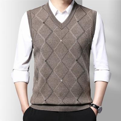 Men Knitted Vest Autumn Winter V Neck Geometric Rhombus Solid Color Warm Windproof Soft Casual Male Waistcoat Sleeveless Top