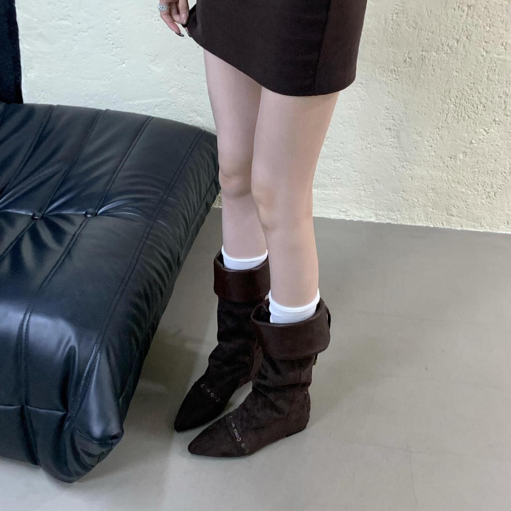 Design sense Spice girl wedge trouser boots autumn and winter new pointed but knee mid-heel fashion boots temperament fashion boots