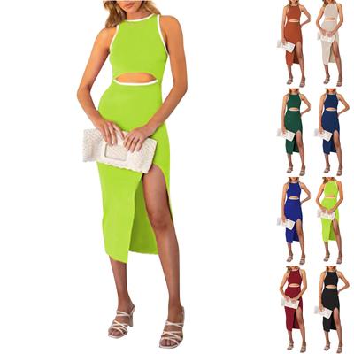Women's Hollowed Out Mid Length Dress With A Round Neck Sleeveless Vest And A Slit Tight Fitting Dress