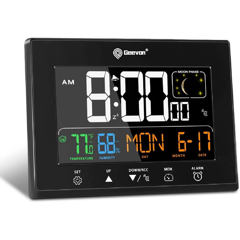 Geevon Digital Atomic Alarm Clock with 2 USB Ports, HD Color Display Atomic Clocks for Bedrooms with Indoor Temperature and Humidity, Moon Phases,