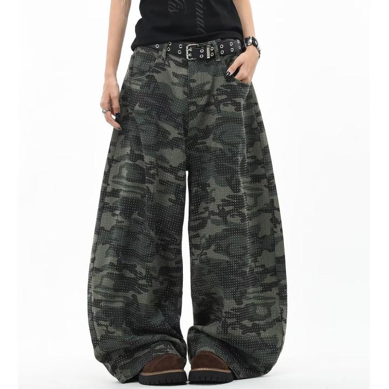 American Camo High Waist Wide Leg Cargo Jeans Loose Straight Pants Teens