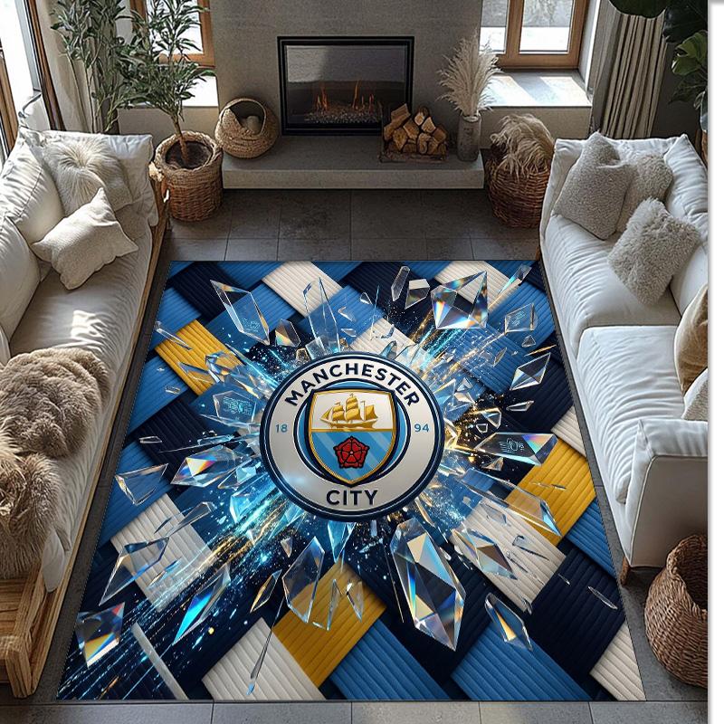 Manchester City Printed Flannel Area Rug Non Slip Soft Polyester Floor Carpet Indoor Decor Mat for Bedroom Living Room Sofa