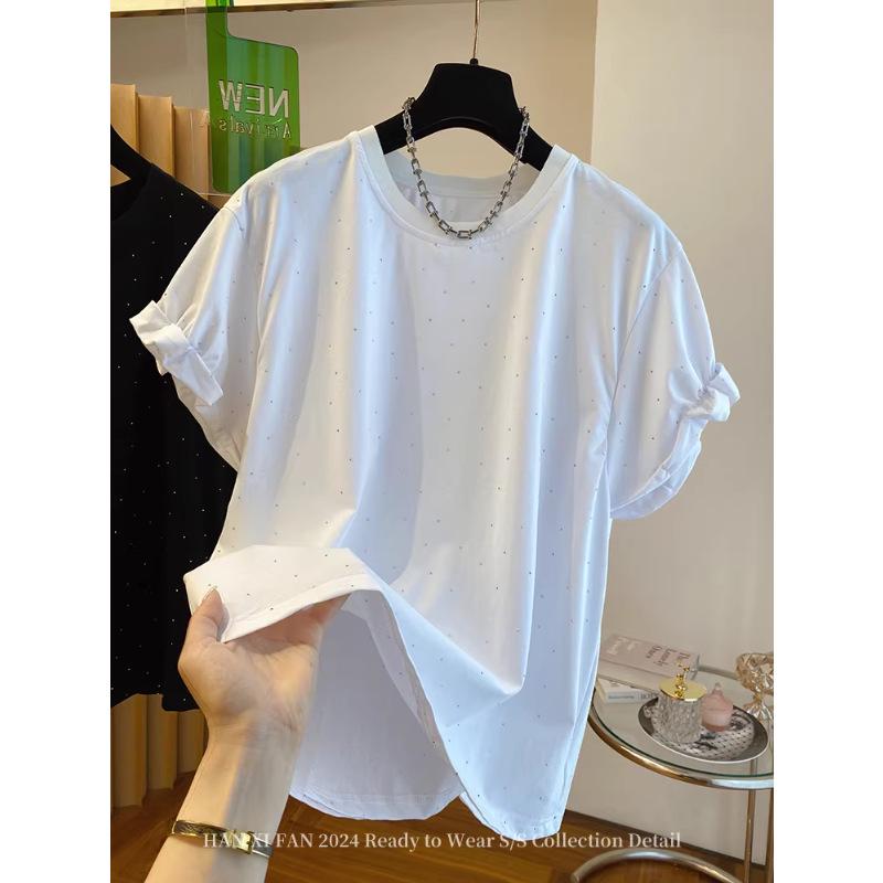 

2026 Summer Casual Black Rhinestone Loose Fit Short Sleeve Women’s T-Shirt L білий