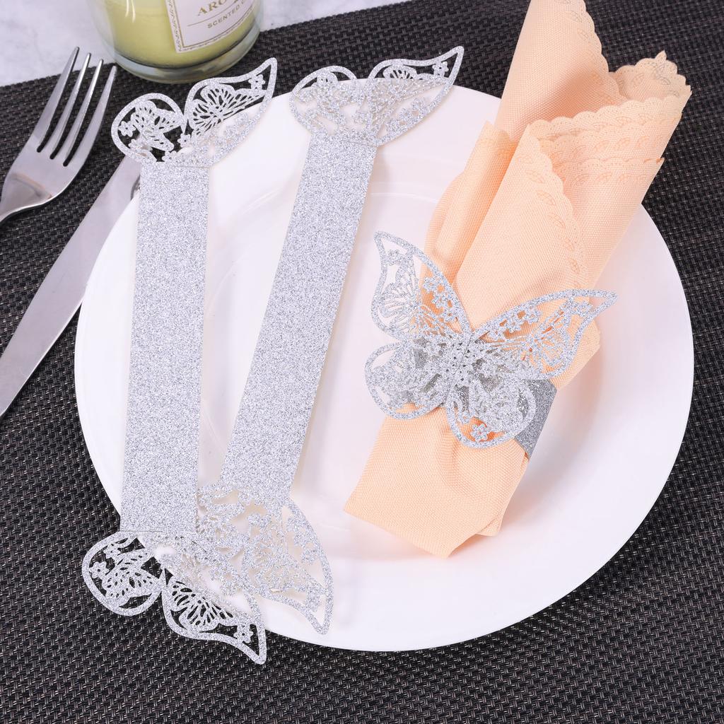 50pcs 3D Butterfly Napkin Ring Premium Frosted Paper Exquisite Hollow Texture Gold Silver Blue Pink Glitter Sprinkled Decor Home
