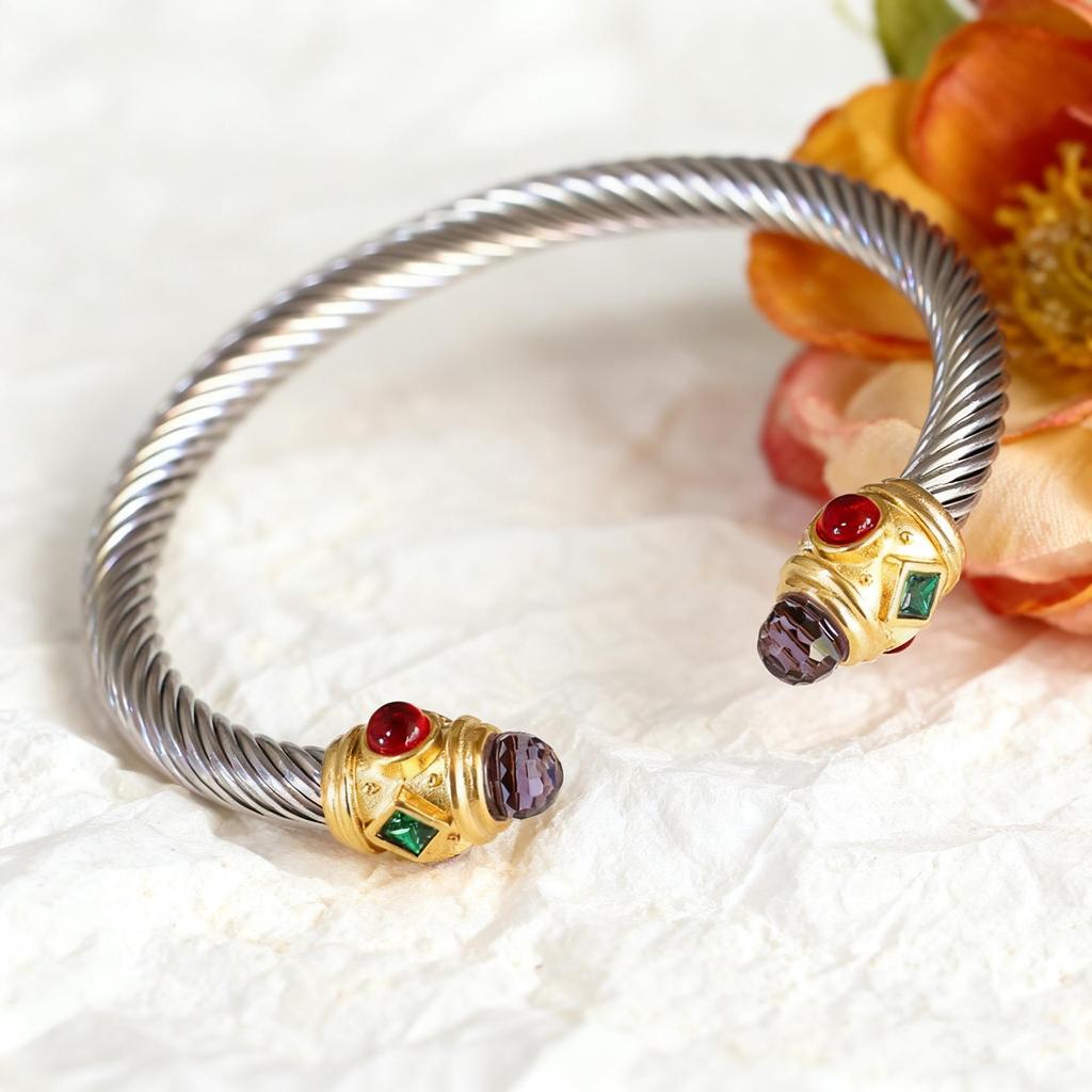 Stylish European-American 18K Gold Stainless Steel Wire Bracelet for Women, Geometric Open Design, Inlaid with Colored Diamonds, Colorfast.