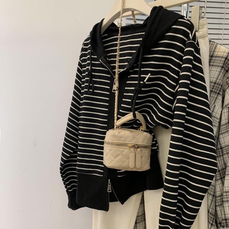 Женский осенний полосатый вязаный кардиган с капюшоном Medium (Recommended 95-110 Jin) чёрный