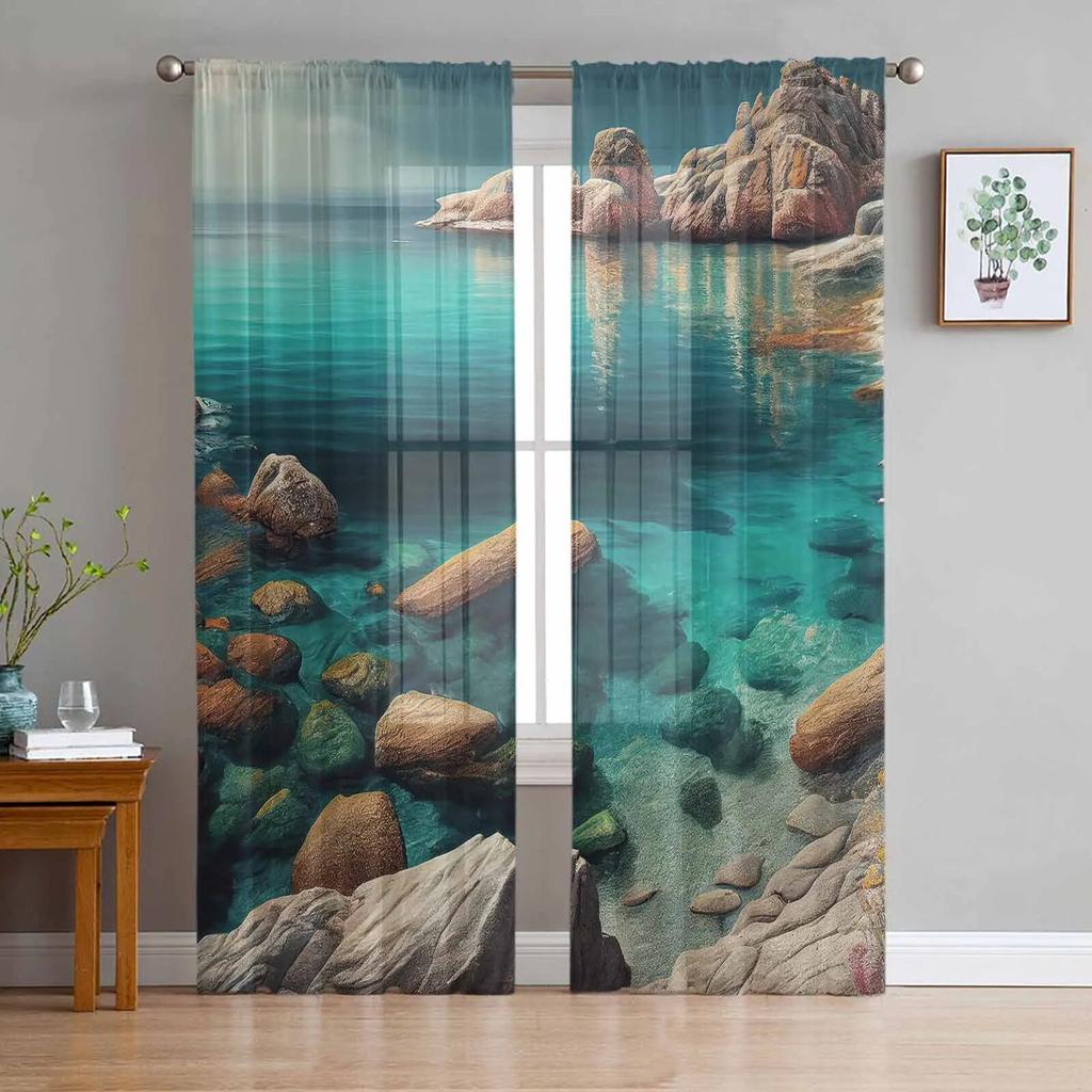 Summer Landscape Ocean Sheer Curtains For Living Room Kitchen Window Curtains Bedroom Tulle Voile Curtains