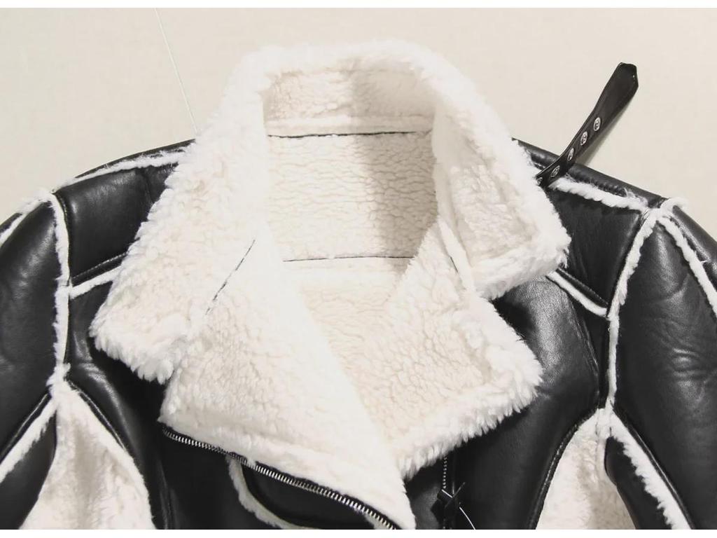 2023 Women's Motorcycle Style Leather Jacket - Short, Fur-Integrated, Cotton Outerwear