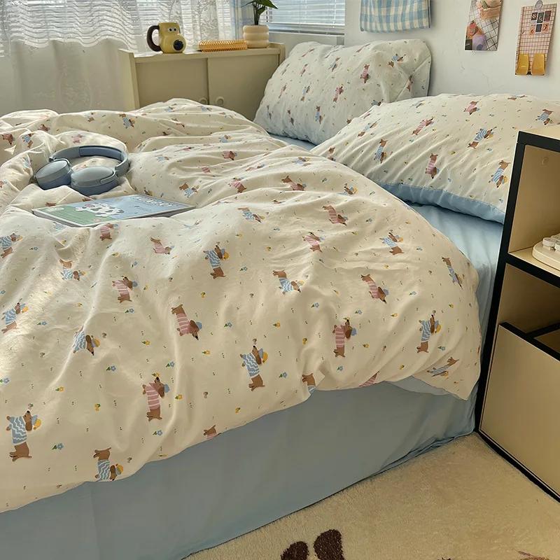 Cartoon Pattern Printed Super Soft Bedding Sets Washed Cotton Cozy Breathable Bedsheet with Pillowcase Adult Child Comfort Set