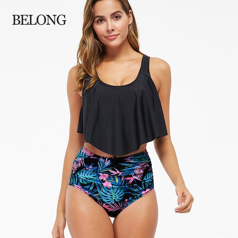 Large Size Women's Fashion Modest Two Pieces Swimsuit Padded Ruffled Top High Waisted Bottom Swimwear Set Printed Backless Tankini Bathing Suit