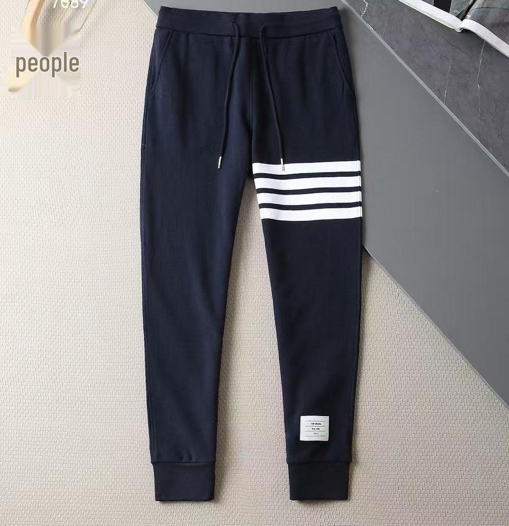 High-Quality Yarn-Dyed Four-Stripe All-Cotton Sweatpants, Unisex Casual Sports Series with Cuffed Long Pants