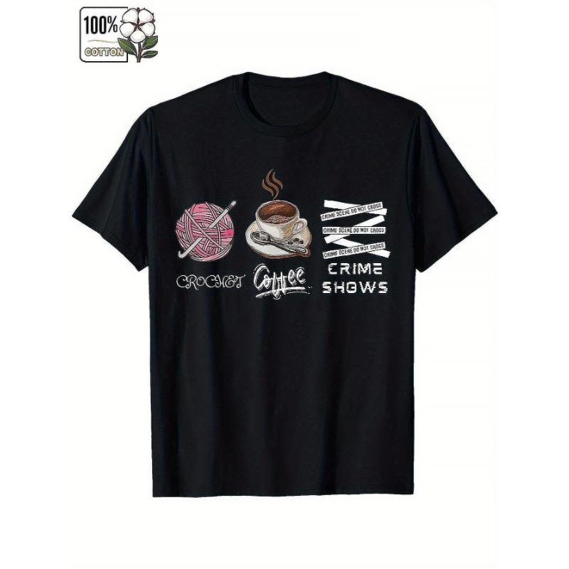 

Mens and Womens Crochet and Coffee Printed Tshirt duty Short Sleeve Casual Shirt with Woven Yarn Ball and Crochet Hook Design 4XL