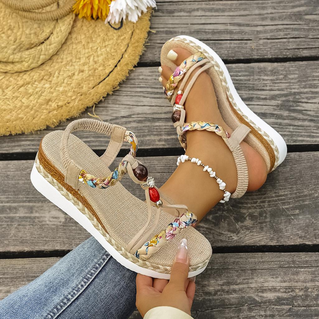 Plus-size Wedge Heel Womens Shoes with Open Toes Roman Sandals 2025 New Summer Bohemian Sandals with Rhinestones Thick Soles.
