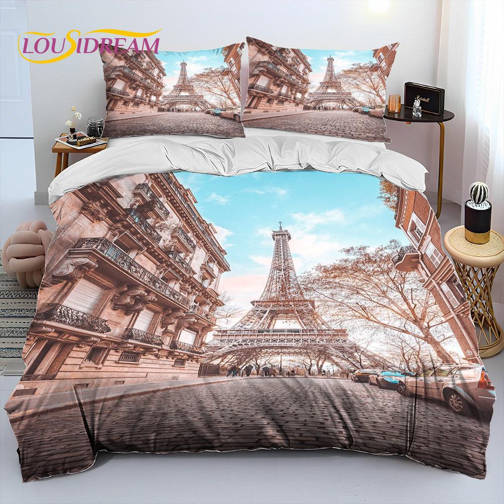 France Paris Eiffel Tower Comforter Bedding Set,Duvet Cover Bed Set Quilt Cover Pillowcase,King Queen Size Bedding Set Kid Adult