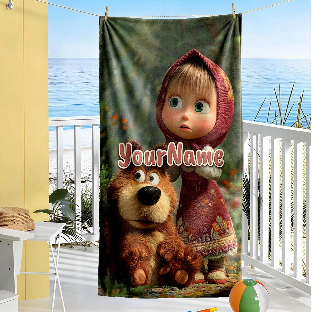 Masha Bear Customize Text Beach Towel Quick-Dry Soft Microfiber Ideal for Travel Outdoor Swim Pool Yoga Surf Camping Hiking Gym Gift Holiday