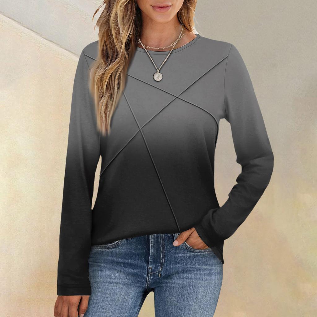 Fashionable Women's Long-sleeved Gradient Round Neck Casual Pleated Loose Top