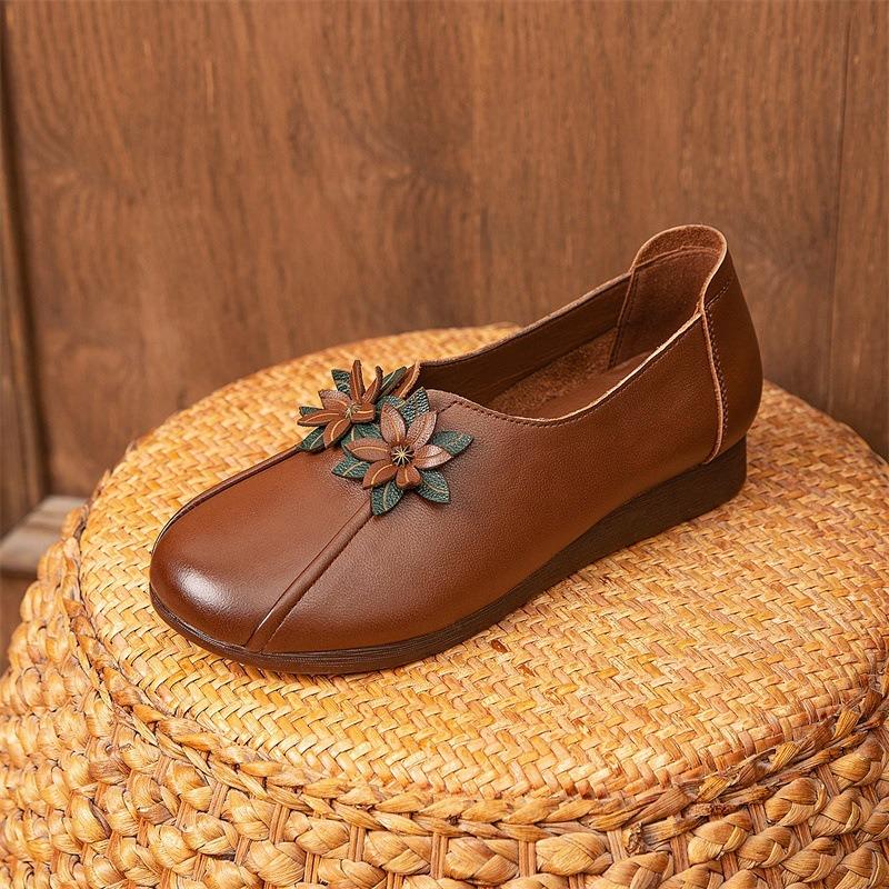 Autumn new leather mother shoes flat heel wedge heel retro flower deep mouth beef tendon sole medium and old single shoes