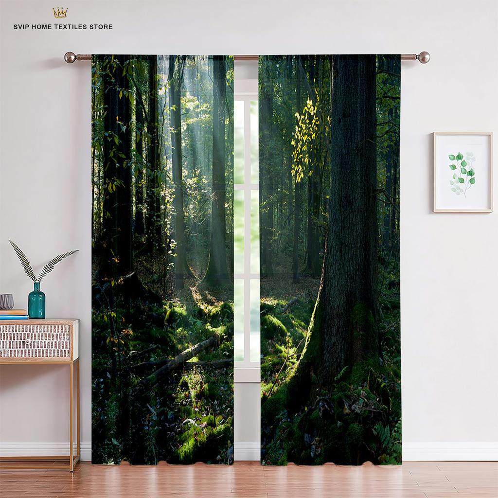 Woodland Forest Foliage Sunbeams Tulle Curtains, Sheer Voile Curtains, Window Decor, Living Room, Bedroom, Kitchen