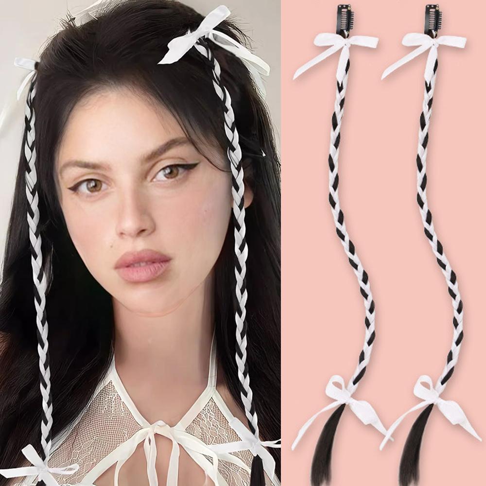 Bybrana Ribbon Atmosphere Braided Hair Extension Black Brown Synthetic Fiber Wig Pair