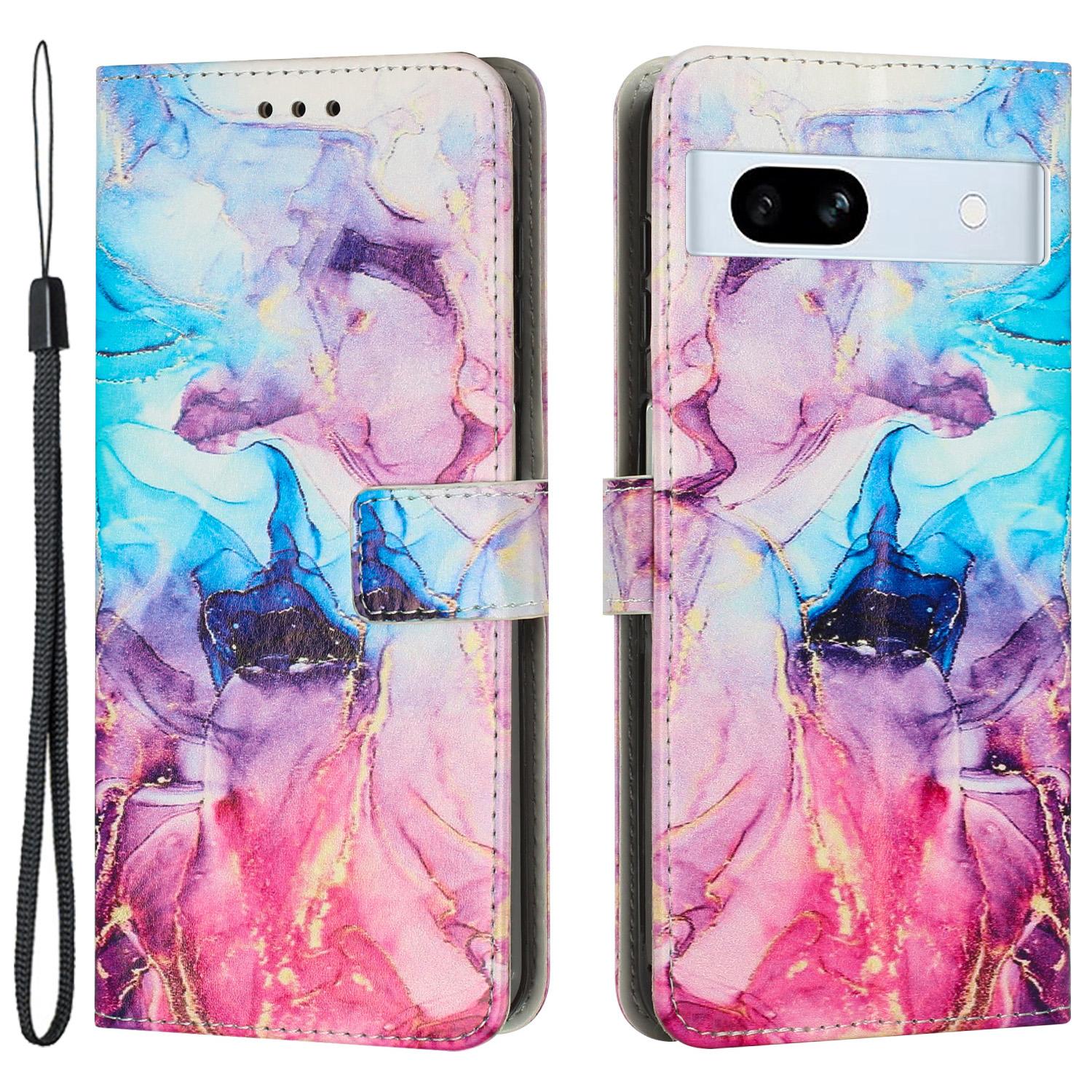 

PU Leather Cellphone Case for Google Pixel 7a Marble Pattern Wallet Stand Cover with Wrist Strap Pink/Purple