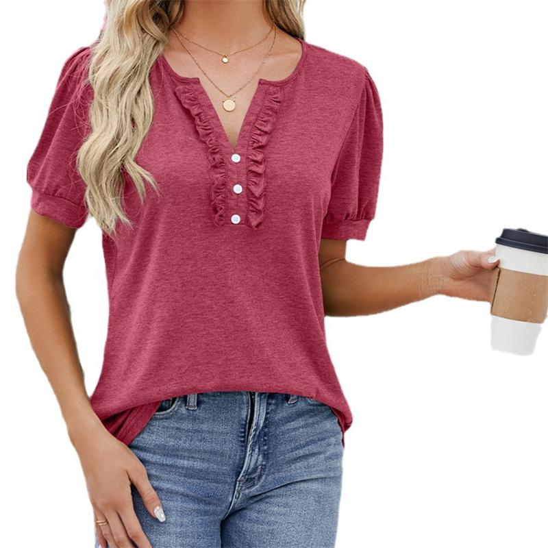 

Весенне-летние футболки, однотонный женский топ, модная футболка с v-образным вырезом и пуговицами, деревянная футболка с короткими рукавами и краями ушей XL горько отливом