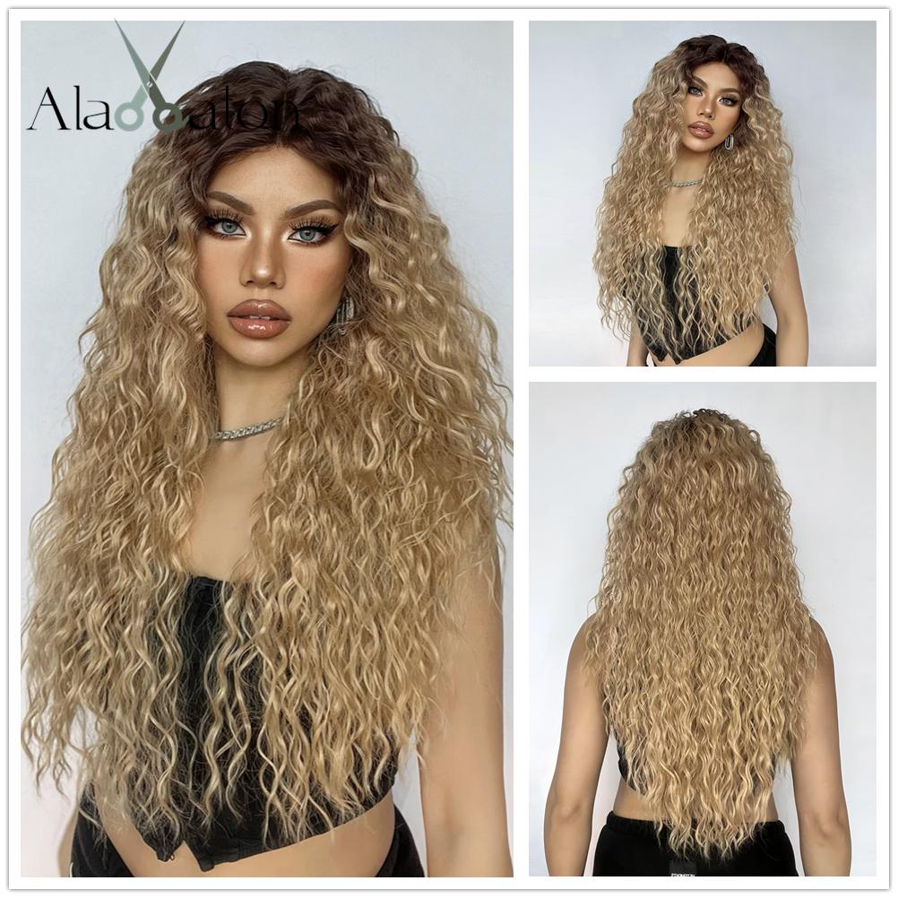 ALAN EATON Long13x4x1 Lace Synthetic Wigs Brown Highlight Golden Curly Wig for Black Women Natural High Density Daily Use