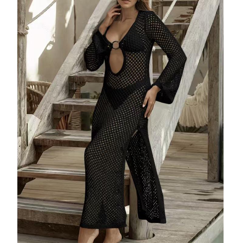 O Rochie de Plajă Decupată Nouă și la Modă, Haine de Protecție Solară cu Mânecă Lungă Uni și O Rochie Tricotată Sexy cu Fendă Laterală