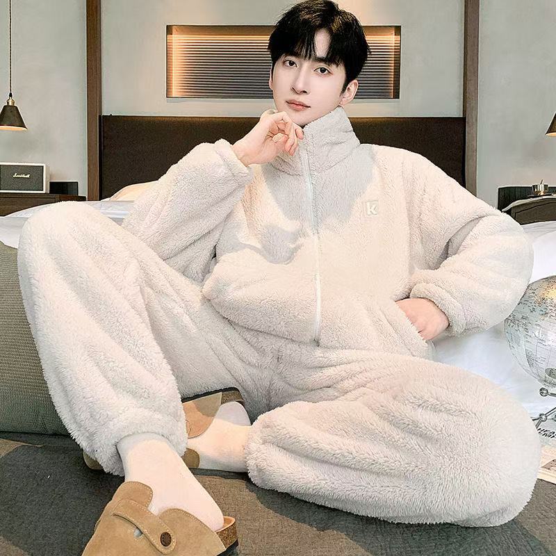 Men'S Large Size Can Be Worn Outside, Loose Fleece Thickened Warm Fleece Warm Loungewear Pajamas Set, New Snowflake Fleece In Autumn And Winter