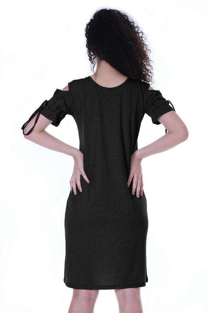 Moomaya Cold Shoulder T-shirt Dress Round Neck Casual Knee Length Summer Dresses For