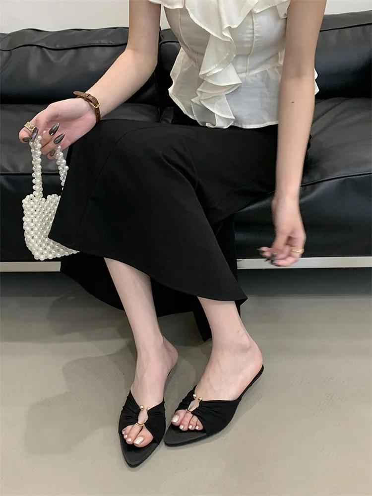 Mode Eilyken Modedesign Plissiert Ausgeschnitten Dünne Niedrige Absätze Damen Pantoletten Sommer Spitz Zehenbereich Partykleid Damenschuhe