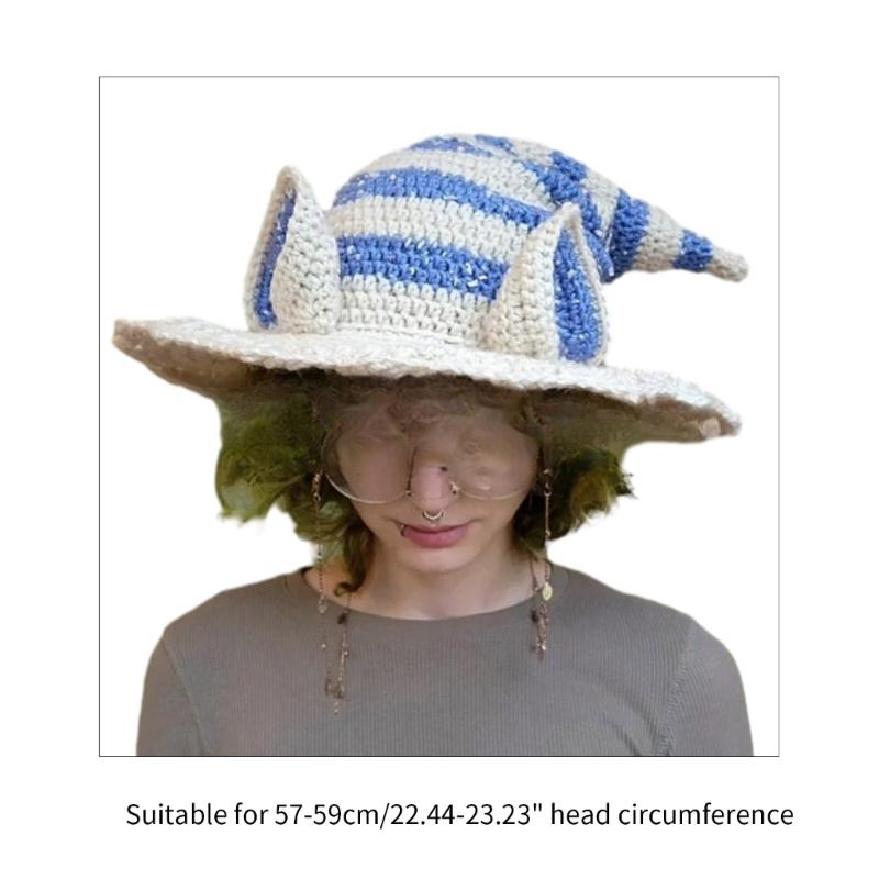 Striped Witch Hat with Rabbit Ears Unique Knit Cap for Halloween Dress Up Costume Cosplay Props Ornament